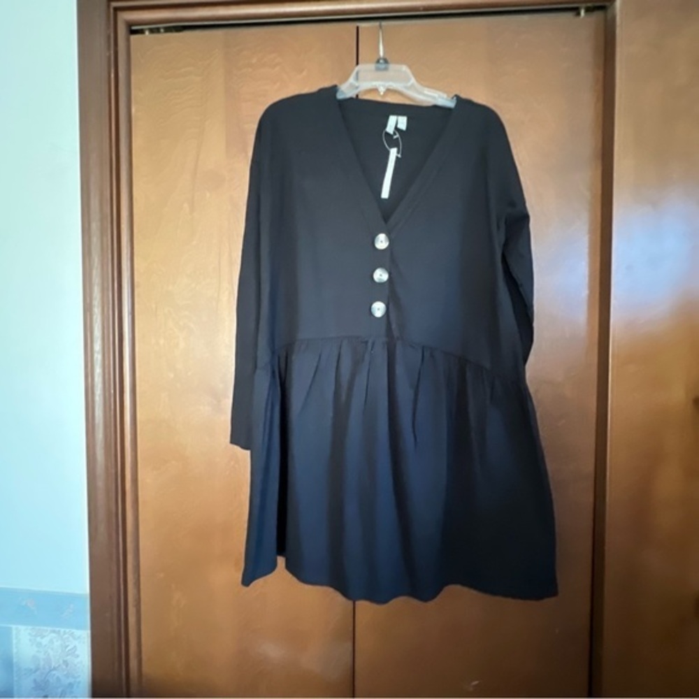 asos Black Cotton Knit. Sz 6 Tall Dropped Waist Deep V Neck Dress NWT